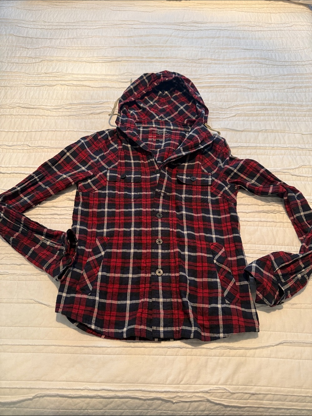 All Saints Red and Black Plaid Hooded Utility Jacket